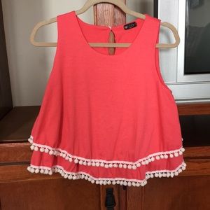 Women’s Hot Pink Layered Tank Top with White Pom Poms Detail